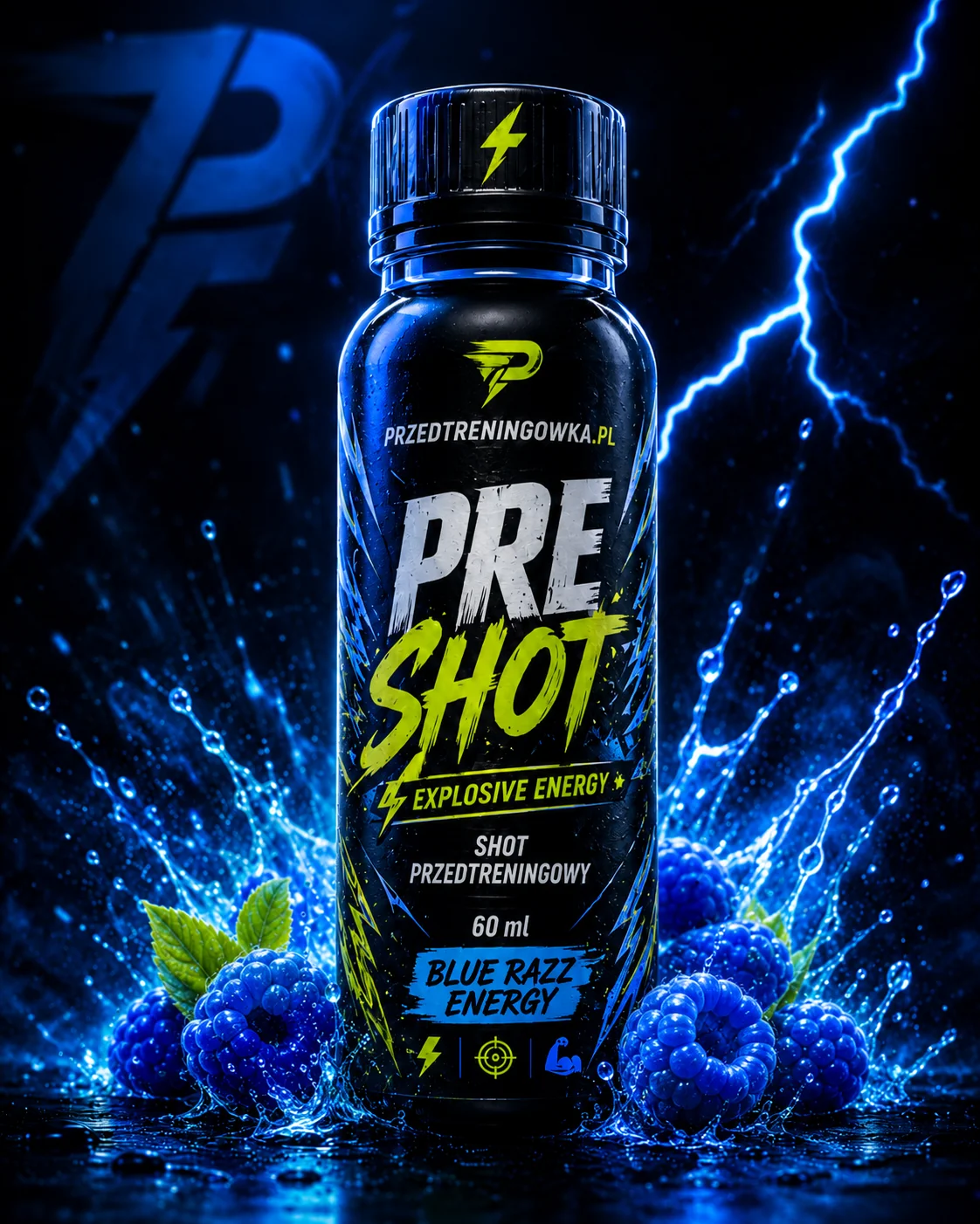 Butelka PRE SHOT Blue Razz Energy 60 ml, shot przedtreningowy o smaku niebieskiej maliny, na czarnym tle z niebieską błyskawicą i owocami maliny