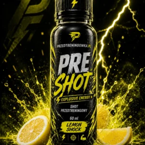 Butelka PRE SHOT Lemon Shock 60 ml, shot przedtreningowy o smaku cytrynowym, na czarnym tle z żółtą błyskawicą i plastrami cytryny