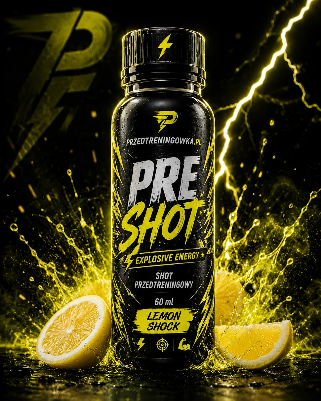 Butelka PRE SHOT Lemon Shock 60 ml, shot przedtreningowy o smaku cytrynowym, na czarnym tle z żółtą błyskawicą i plastrami cytryny