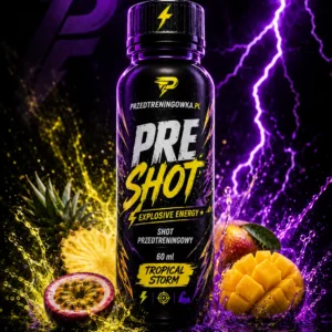 Butelka PRE SHOT Tropical Storm 60 ml, shot przedtreningowy o smaku tropikalnym, na czarnym tle z fioletową błyskawicą, ananasem, mango i marakują
