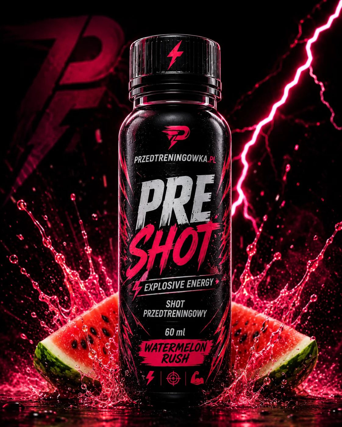 Butelka PRE SHOT Watermelon Rush 60 ml, shot przedtreningowy o smaku arbuzowym, na czarnym tle z czerwoną błyskawicą i kawałkami arbuza